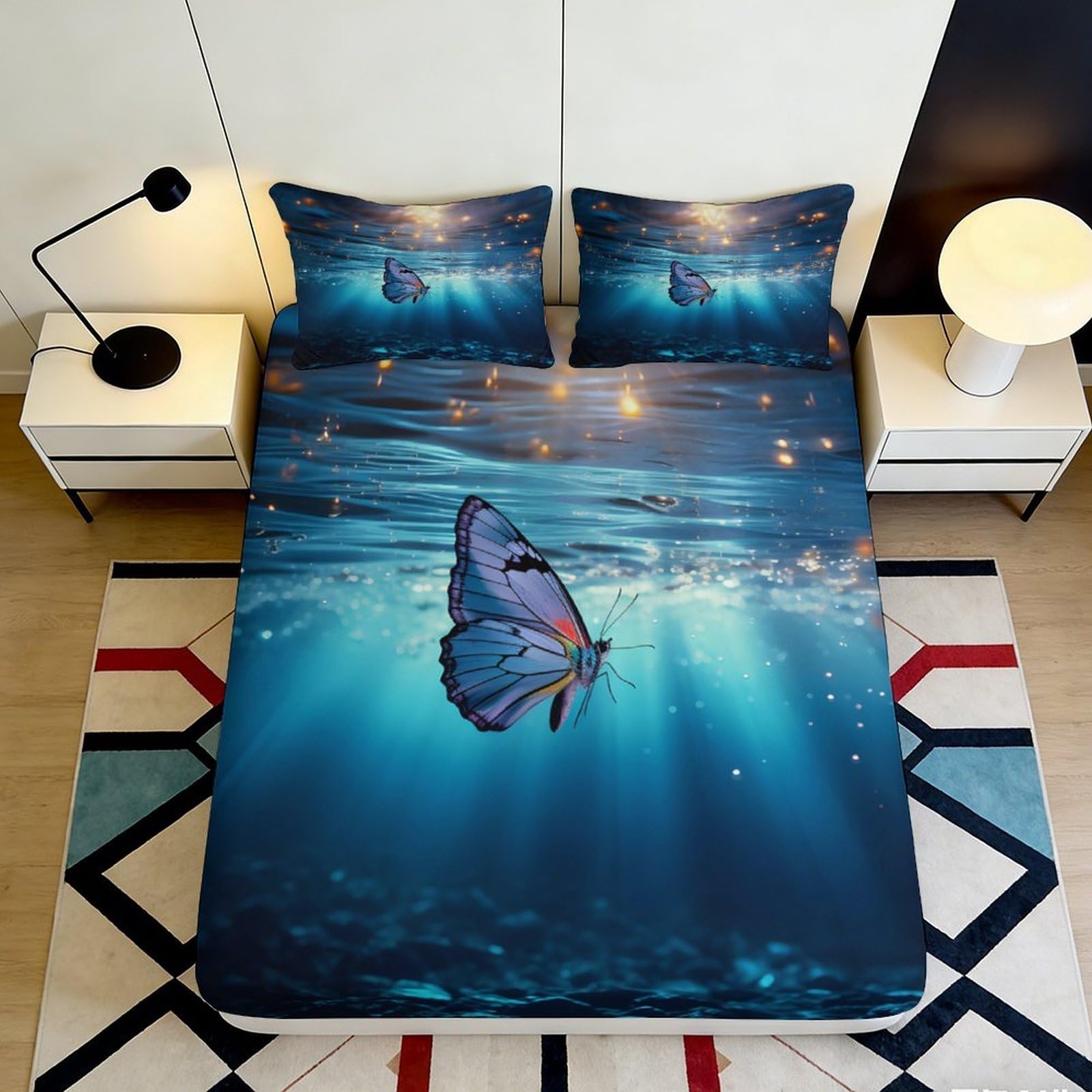 Uynsixtme Style-2 3D Printed Underwater Butterfly Fitted Sheet Microfiber Deep Pocket Non-Slip Bedroom Underwater Butterfly Mattress Fitted Cover Washable 140X200x25cm