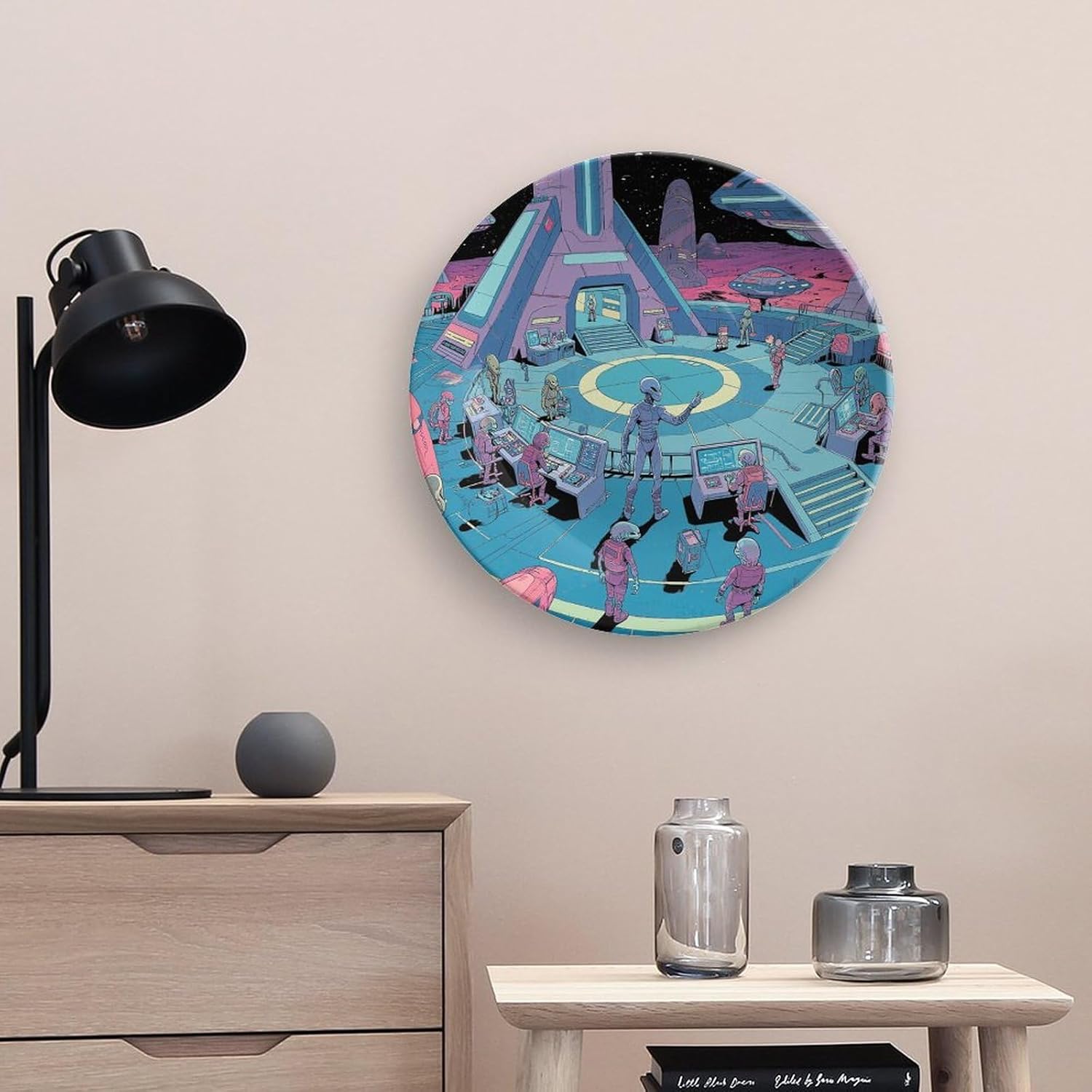 Alien Base Ceramic Plate 10inch Decorative Bone China Wall Hanging Ornament Plates Bohemian Style Dinner Plate with Display Stand Cabinet Display Plates for Home Art Decor