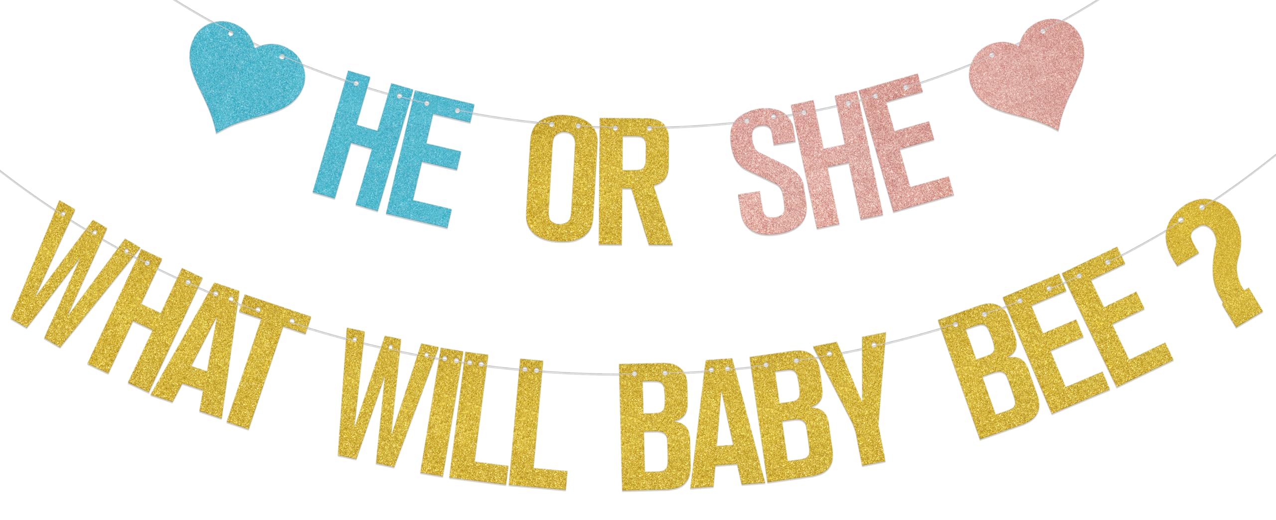 He Or She What Will Baby Be?Banner,Gender Reveal Party Boy Or Girl Decor,Baby Shower Pregnancy Announcement Party Supplies Rose Gold Blue Glitter