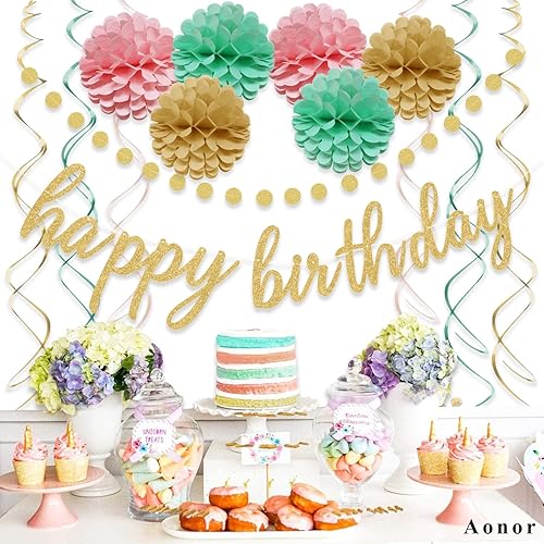 Miniatura 3 de Decoraciones de feliz cumpleaños rosa y dorado – Cartel dorado de feliz cumpleaños, flores con pompones, guirnalda de puntos circulares brillantes y