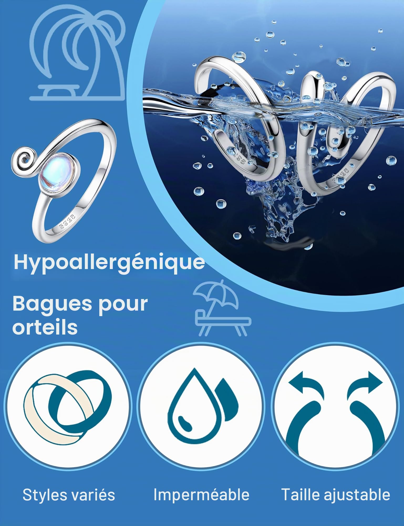 MILACOLATO 3PCS Bagues D'orteils Argent 925 pour Femmes Réglable Pierre de Lune Bande Queue Ouvrir Bagues D'orteils Femmes Pieds de Plage Ensemble Bijoux