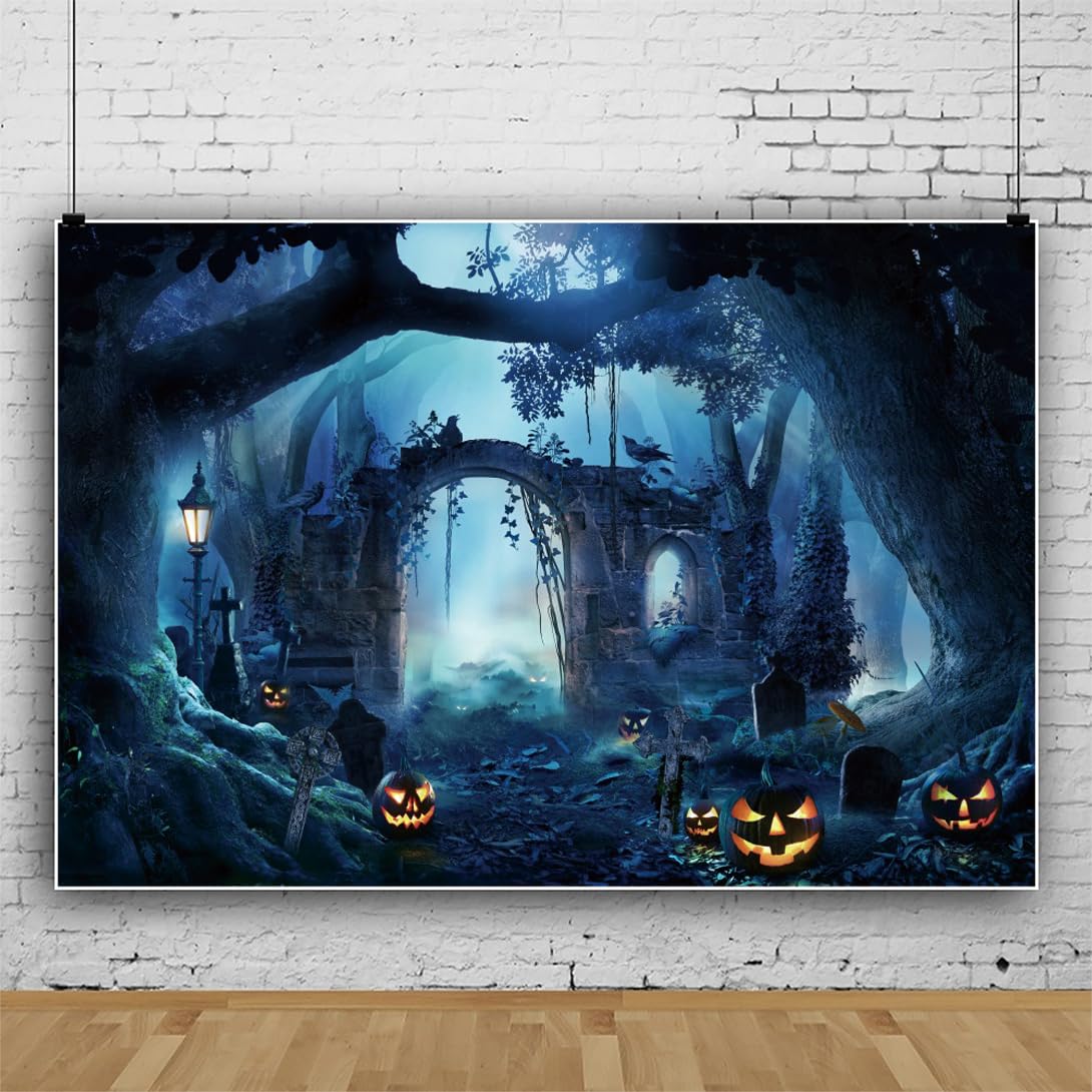 AOFOTO Halloween-Hintergrund 3x2,1 M – Gruselig-schönes Spukschloss Mit Friedhof, Hexe & Kürbis Für Fotoshootings Und Partydeko