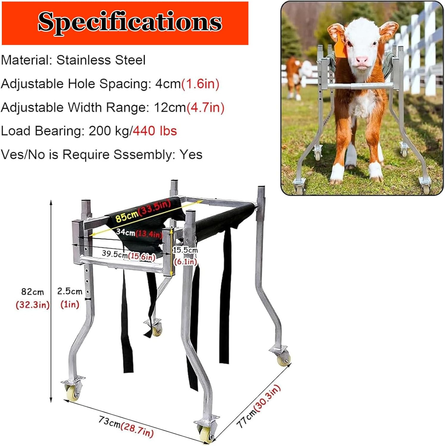 Adjustable Calf Standing Support Trolley with 4 Wheels, Detachable Mobility Assist Bracket for Cattle Recovery - Ideal for Farms & Clinics, Enhancing Calf Mobility