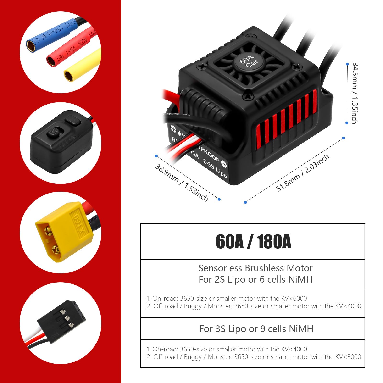 Motor sin escobillas impermeable S3650 de 4300 KV, eje de 3,175 mm con controlador de velocidad eléctrico ESC sin sentido de 60 A y disipador de calor para coche 1/10 RC camión, rojo