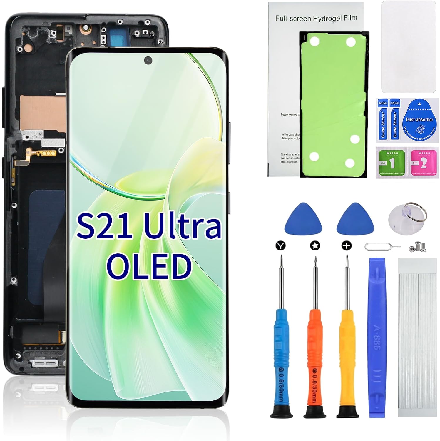 OLED for Samsung Galaxy S21 Ultra Screen Replacement with Frame Support Fingerprint,SM-SM-G998U SM-G998B Includes Tools, Hydrogel Film&Installation Guide (S21Ultra-Black)