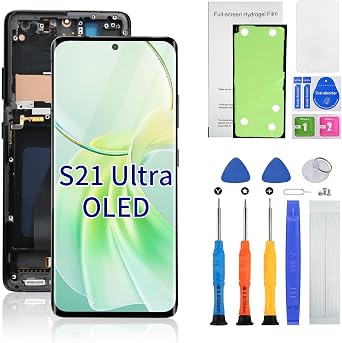 OLED for Samsung Galaxy S21 Ultra Screen Replacement with Frame | Support Fingerprint,SM-SM-G998U SM-G998B Includes Tools, Hydrogel Film&Installation GuideS21Ultra-Black