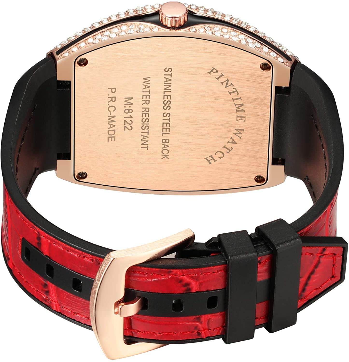 Gosasa Reloj de pulsera de cuarzo con diamantes de imitación de cristal y correa de goma para hombre, rojo, oro rosa,