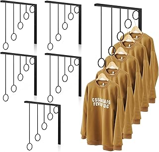 Menkxi 6 Pcs Wall Mounted Clothing Display Rack, Black Metal Retail Clothes Rack with 5 Hanging Rings, Boutique Display Garment Hanger for Retail Boutique Shop, Laundry Balcony Closet Storage