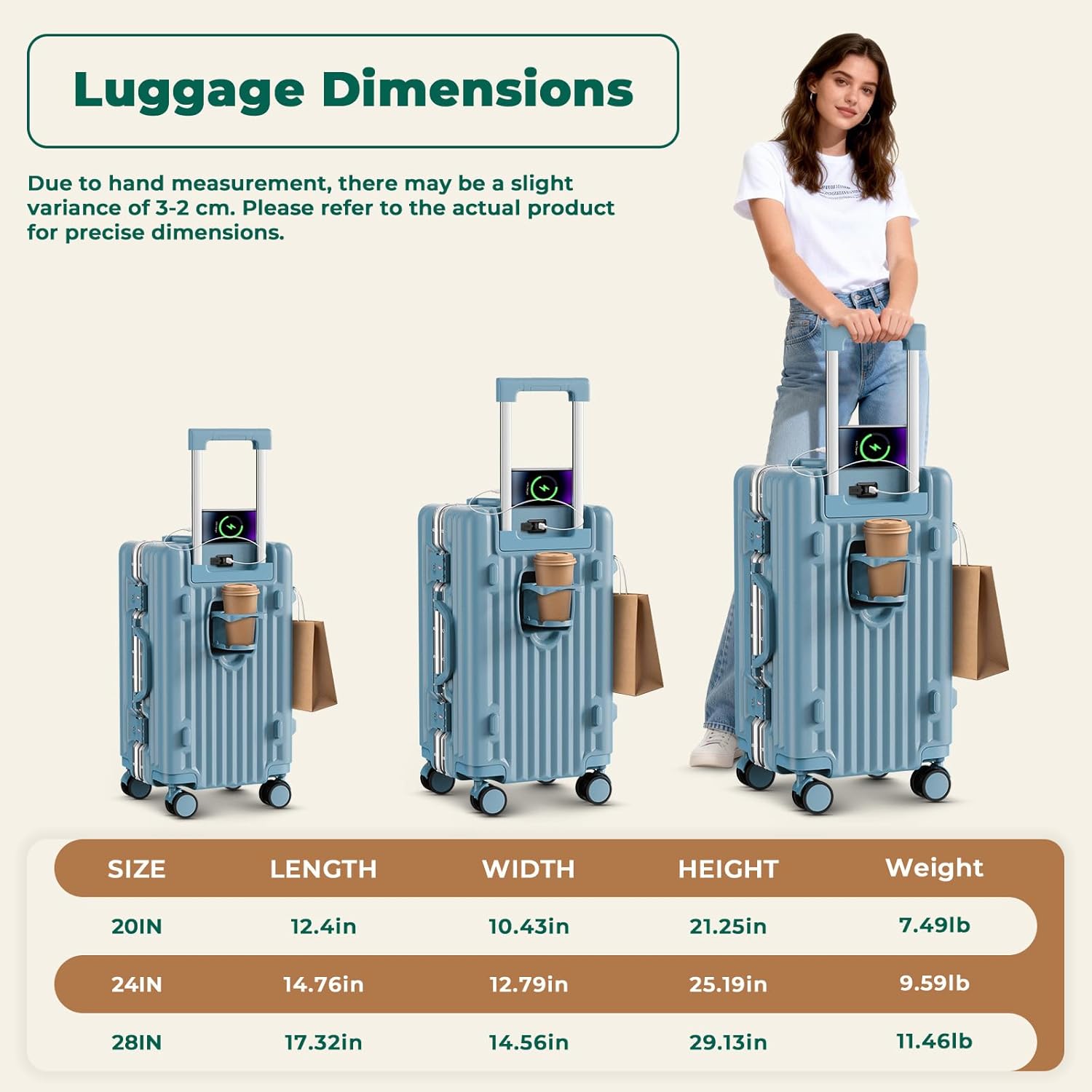 20 Inch Carry On Luggage, Aluminum Frame PC Hard Shell Suitcase with Charging Port & Cup Holder, Airline Approved TSA Lock & 360° Spinner Wheels for Travel and Business Travel