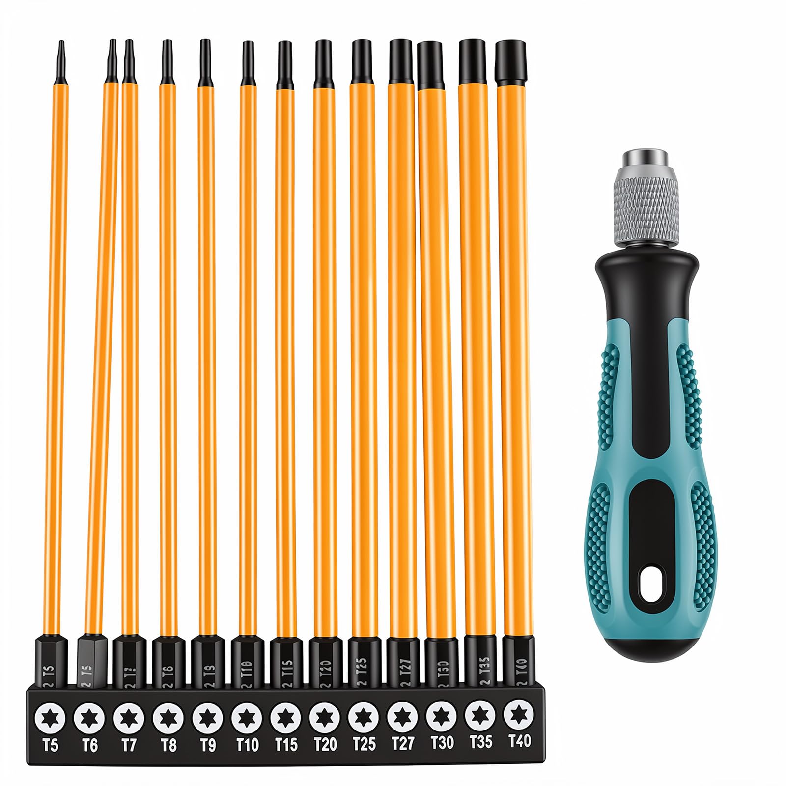 14 Pezzi Cacciaviti Torx Lunghe 150mm con Foro, in Acciaio S2 T5-T40 con Manico a Sgancio Rapido Punte Cacciavite Adatte per Trapano Avvitatore con Albero Esagonale da 1/4"