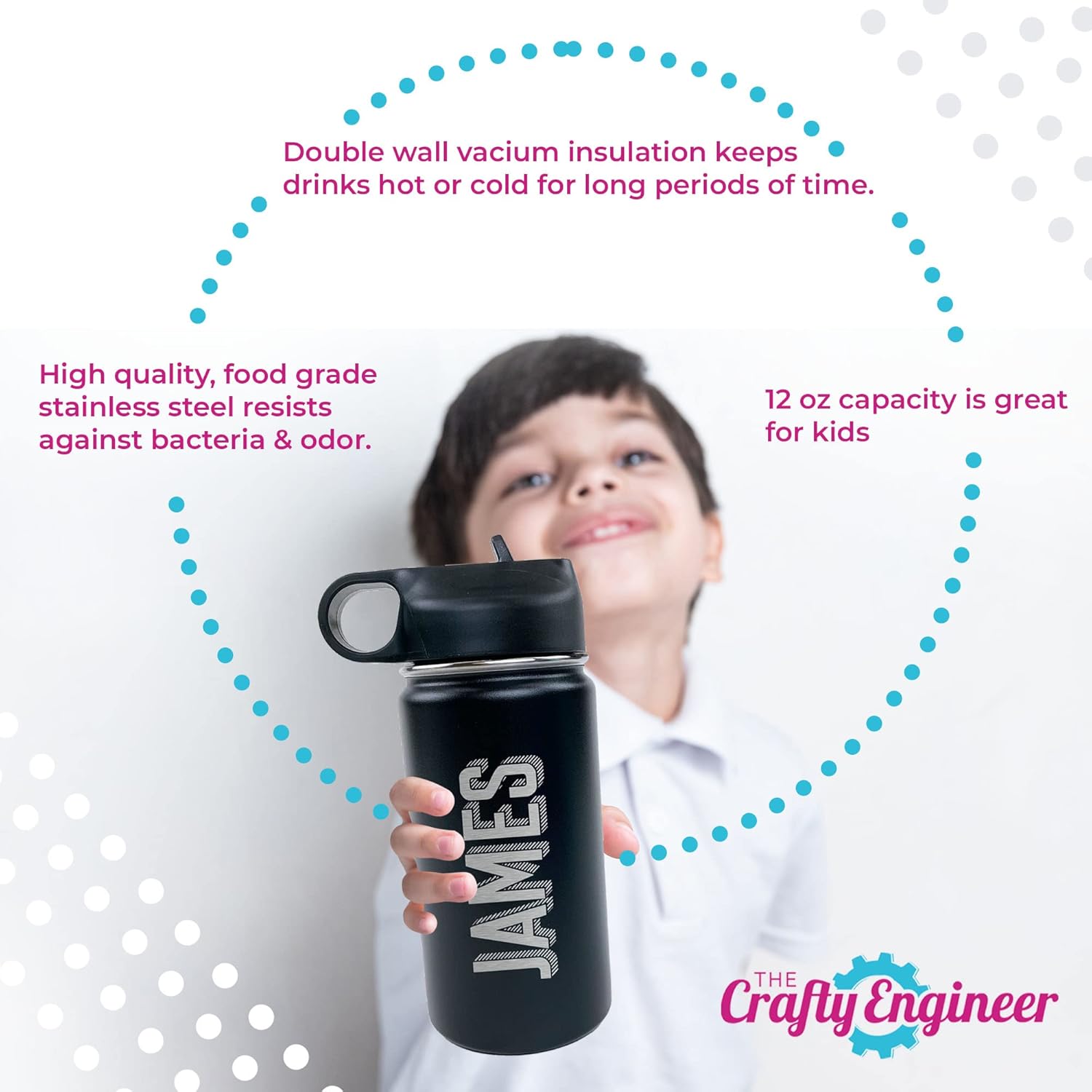 The Crafty Engineer Personalized Kids Water Bottle (Black)