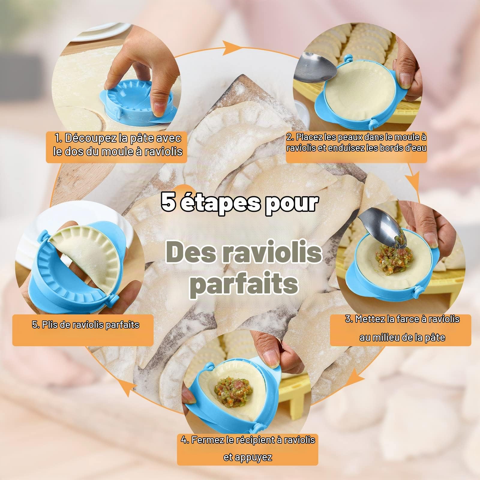 Lot de 6 moules à raviolis multifonctionnels - Presse à empanada manuelle lavable - Moule à ravioli - Bleu vert - Transparent