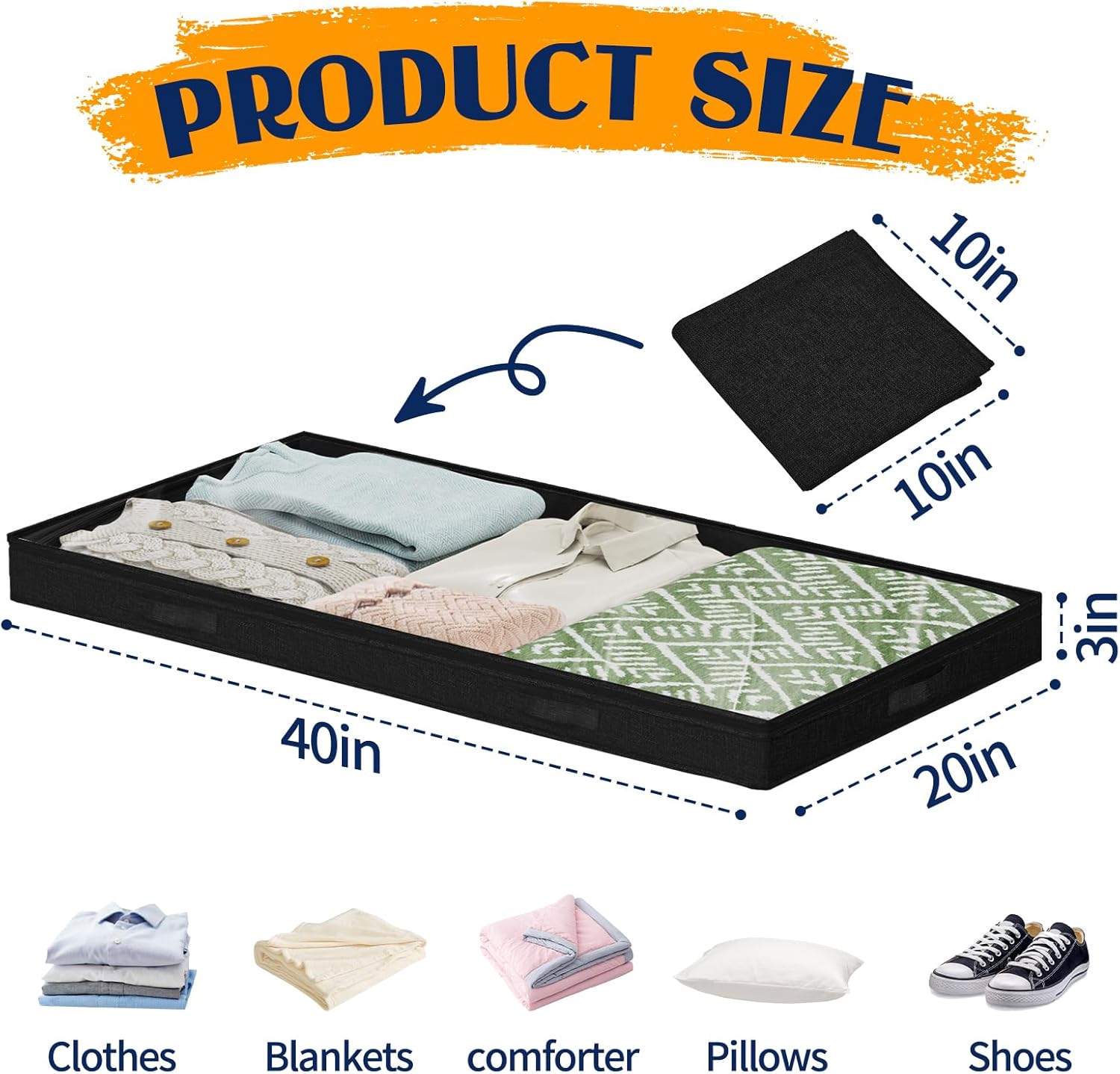 3 Inch Low Profile Under Bed Storage Containers, No-Structure, Foldable Underbed Storage Organizer with Lid and Zipper for Clothes, Blankets, Pillows and Shoes (Black, 4 Pack)