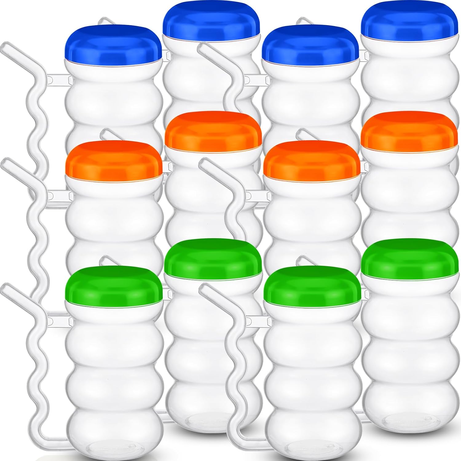 FoldTier 12 Pcs Sip a Mug 14 oz Easy to Grip Plastic Kid's Cup Where the Handle Is the Straw Clear Sippy Cups Spill Proof Mug for Everyday Use for Kids Elderly Disabled and Handicapped, 3 Colors Lid