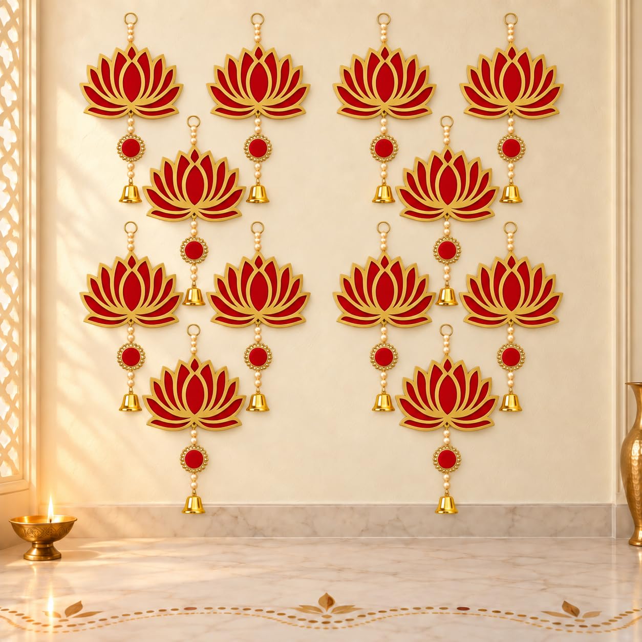Diwali Lotus Decorations - Red & Gold Hanging -8