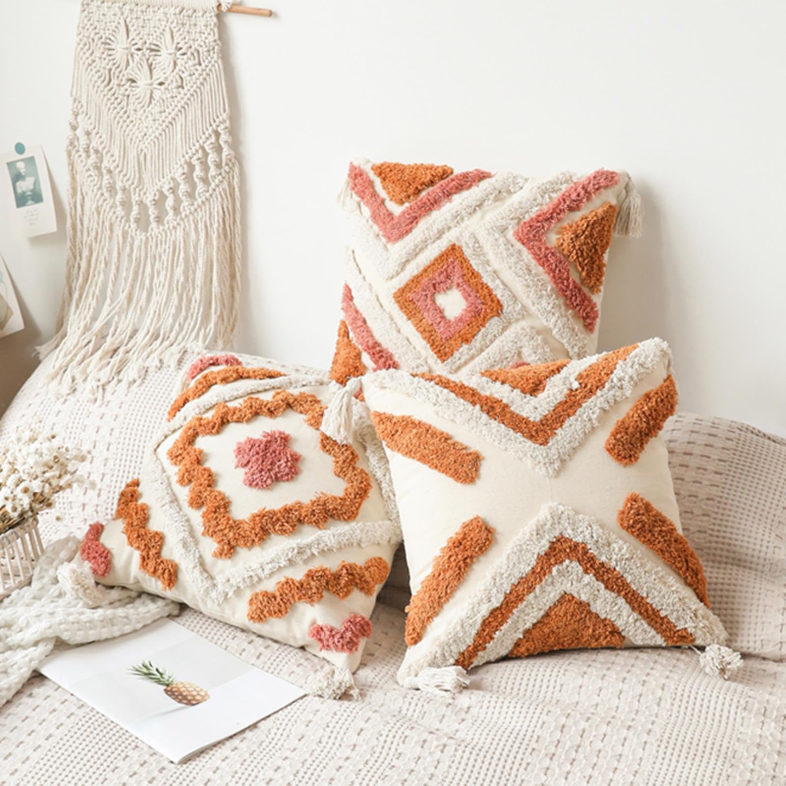 BEDIFANY Kissenbezüge Aus Baumwolle – 2er-Set, 30x50 Cm, Orange & Rot, Boho-Stil
