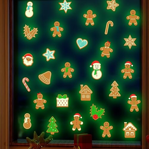 Miniatura 2 de Brillan en la oscuridad, calcomanías de ventana de hombre de jengibre de Navidad, color verde, luminoso, hombre de jengibre, removibles, decoración