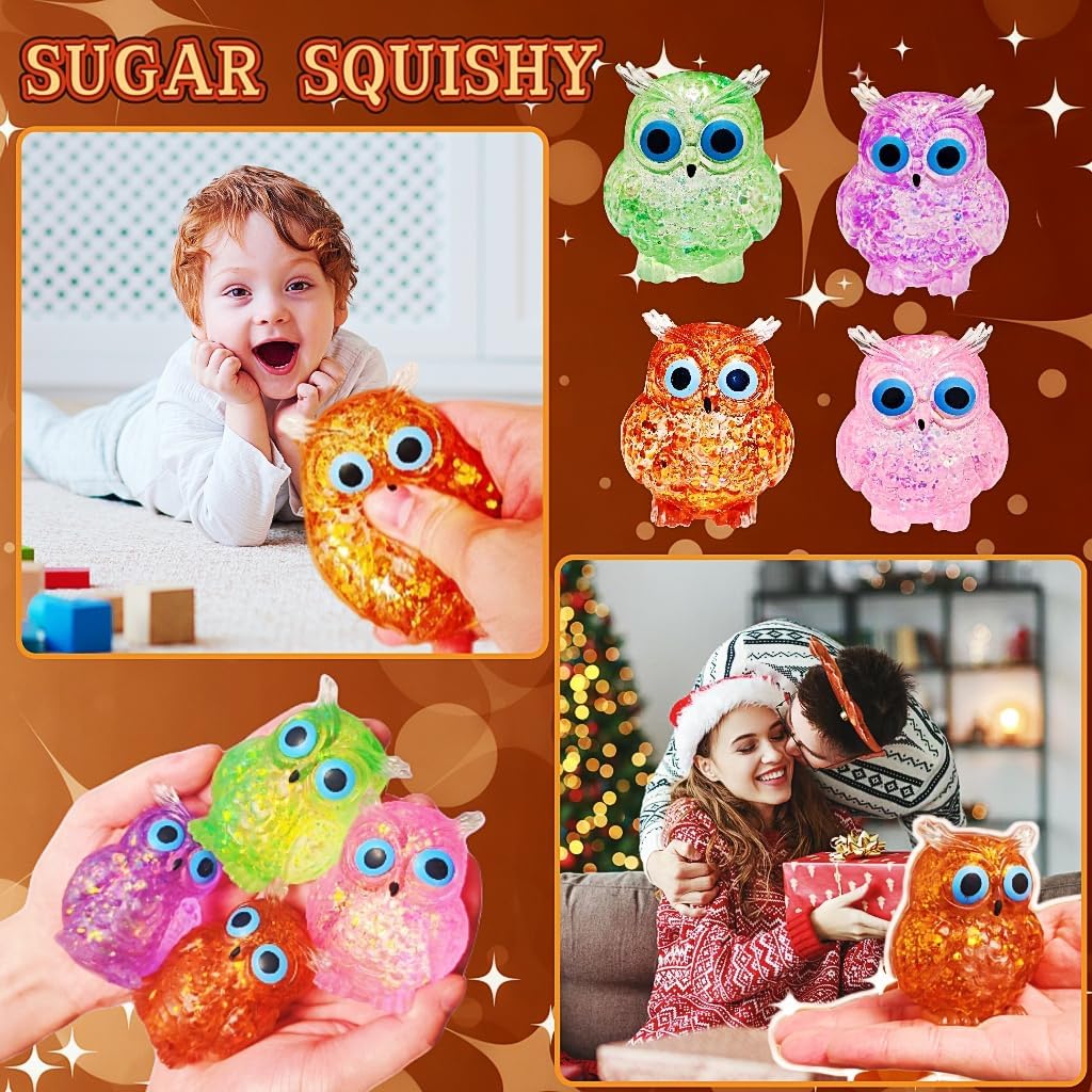 1Pcs Squishy Owl Stress Sugar Balls for Kids and Adults, Kawaii Animals Squeeze Squishy Toys, Glitter Owl Sugar Ball Stress Toy for Party Favors Easter Basket Stuffers (Brown)