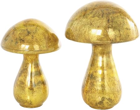The Novogratz Glass Mushroom Decorative Sculpture Weathered Home Decor Statues, Set of 2 Accent Figurines 12", 10"H, Gold