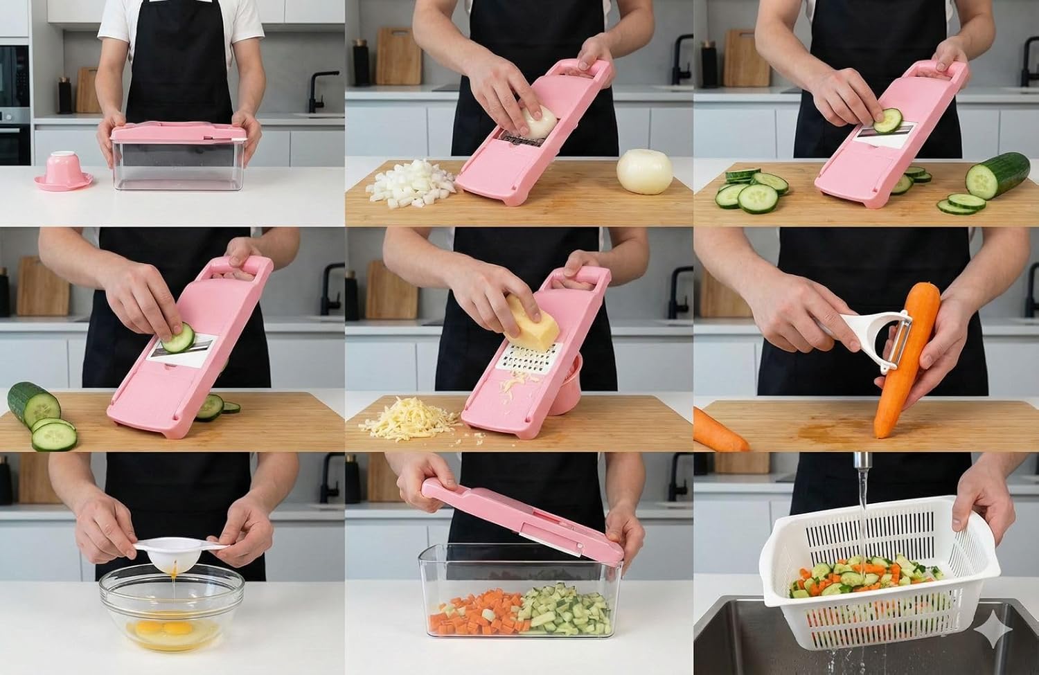 Kalmat Dynamics Food Chopper and Vegetable Slicer, 16-in-1 Multi-Function Kitchen Chopper with 7 Blades and Container, Free Black Cooking Apron (Pink+White)