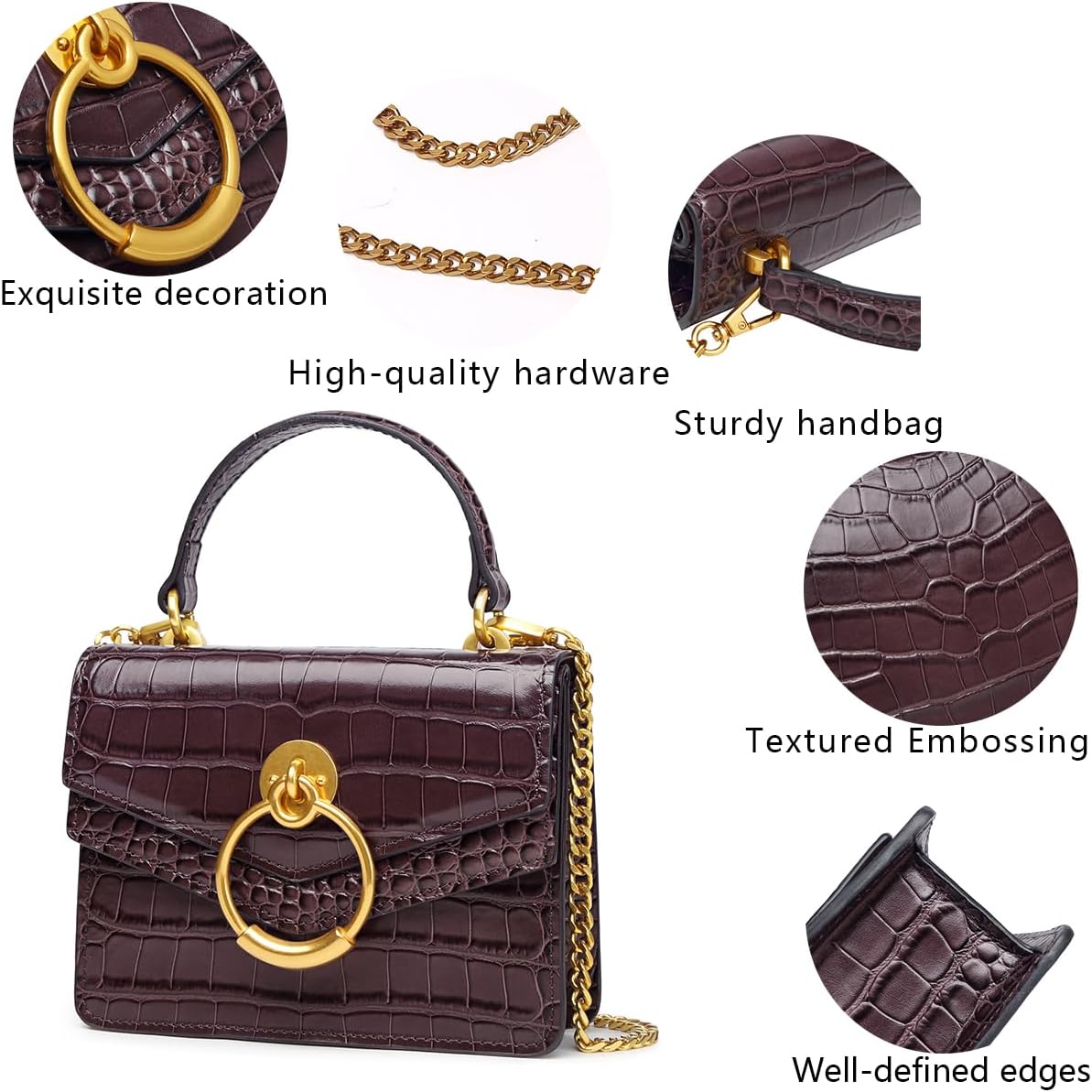 Croc Embossed Top Handle Handbag for Women Leather Mini Crossbody Purse with Gold Chain Strap Ring Closure Evening Bag | 7.3" L x 5.5" H, Croc Embossed, Genuine Leather
