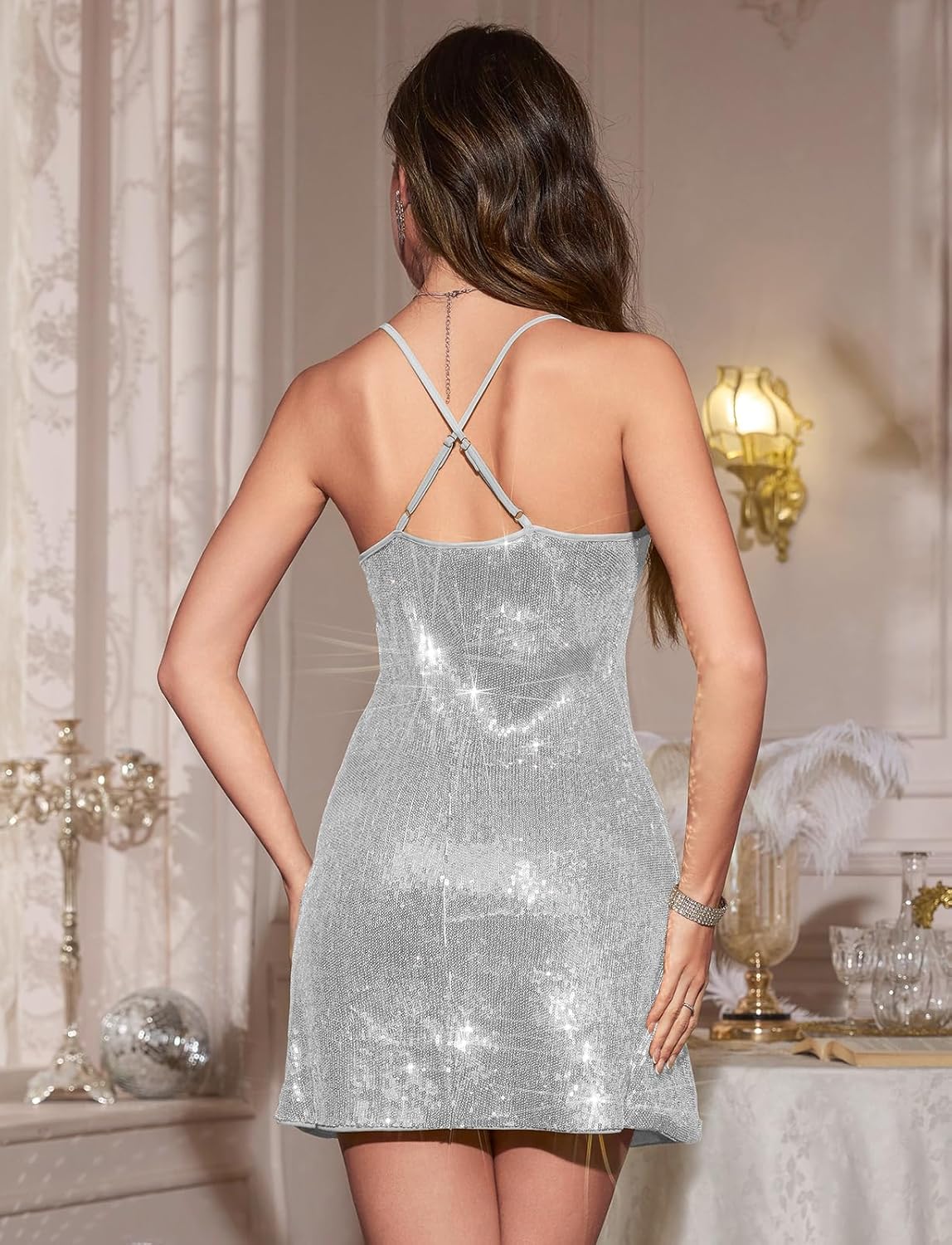 Meetjen Women's Sparkly Sequin Mini Dresses V Neck Spaghetti Strap Sexy Glitter Party Club Dress Homecoming Birthday - Image 4