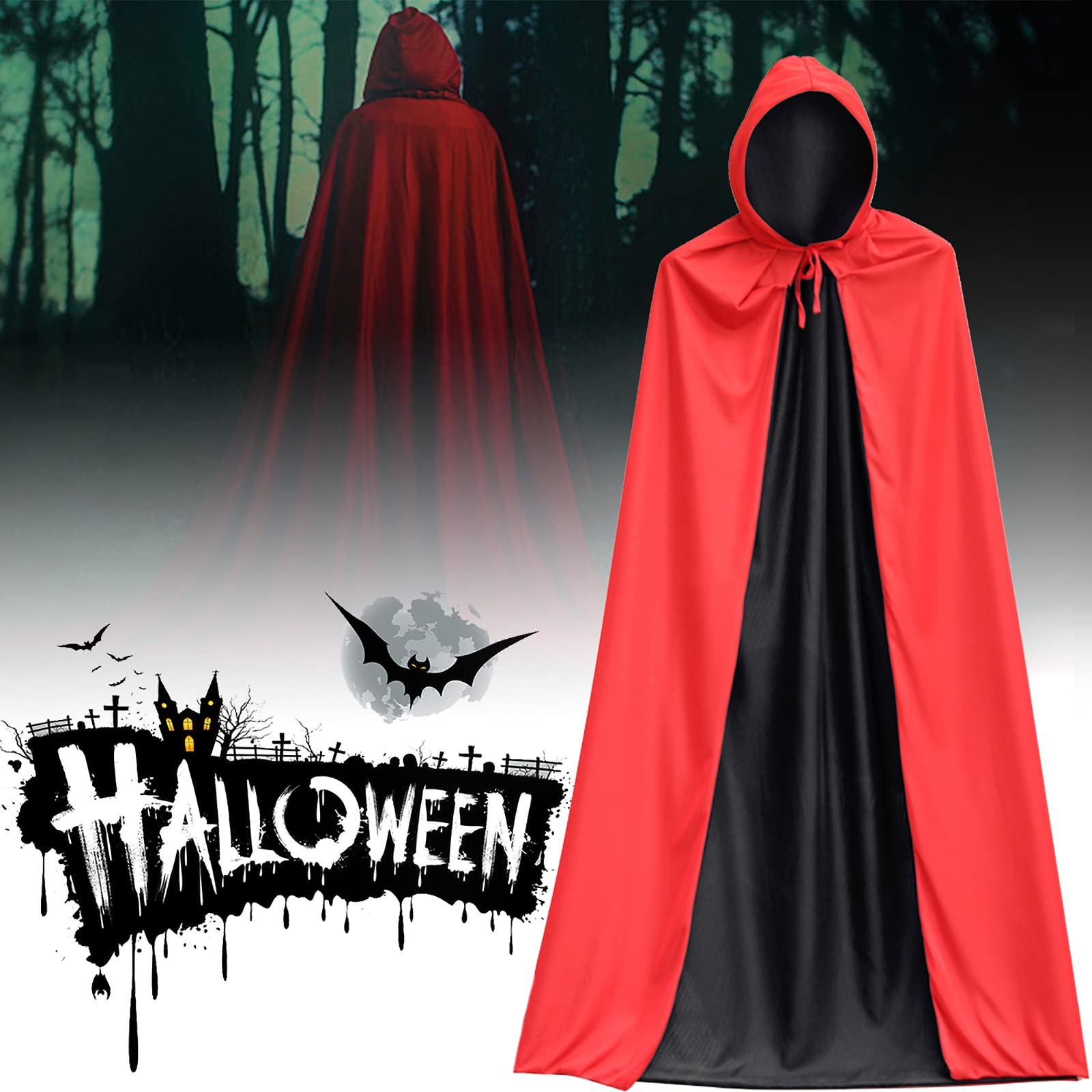 Peleryna Wampira dla Kobiet i Mężczyzn - Dwustronna Peleryna na Halloween dla Dorosłych - Kostium na Halloween, Kostium Wampira, Kostium Horror, Tematyczna Impreza Halloween (150 cm)