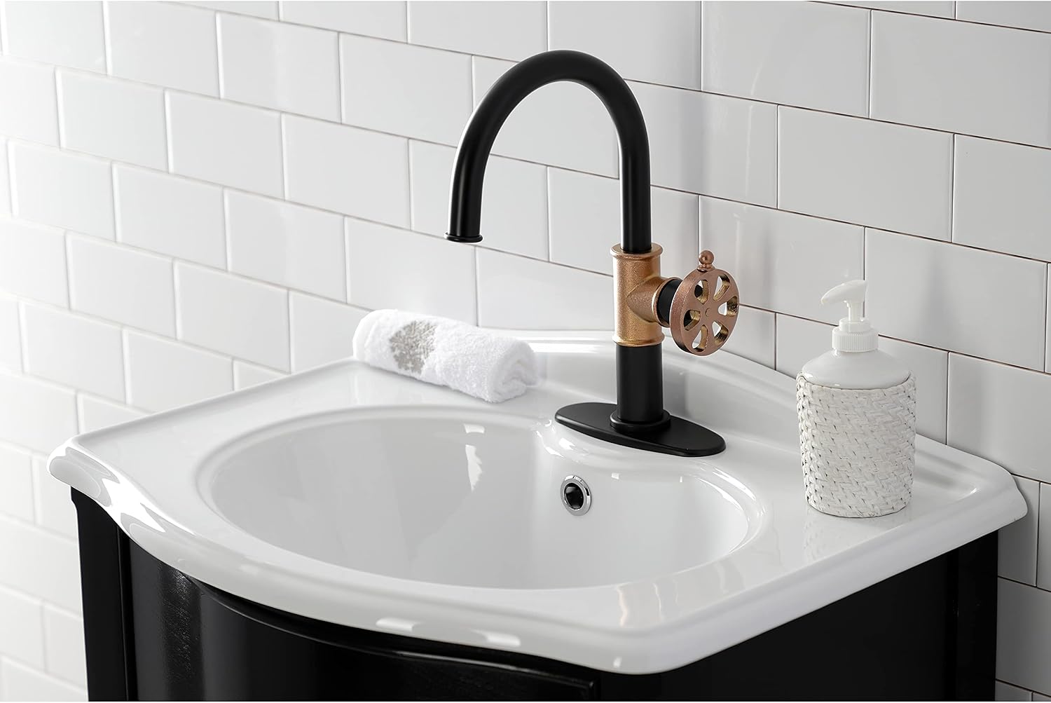 Kingston Brass KSD2237RX Belknap Single-Handle Bathroom Faucet with Push Pop-Up, Matte Black/Rose Gold