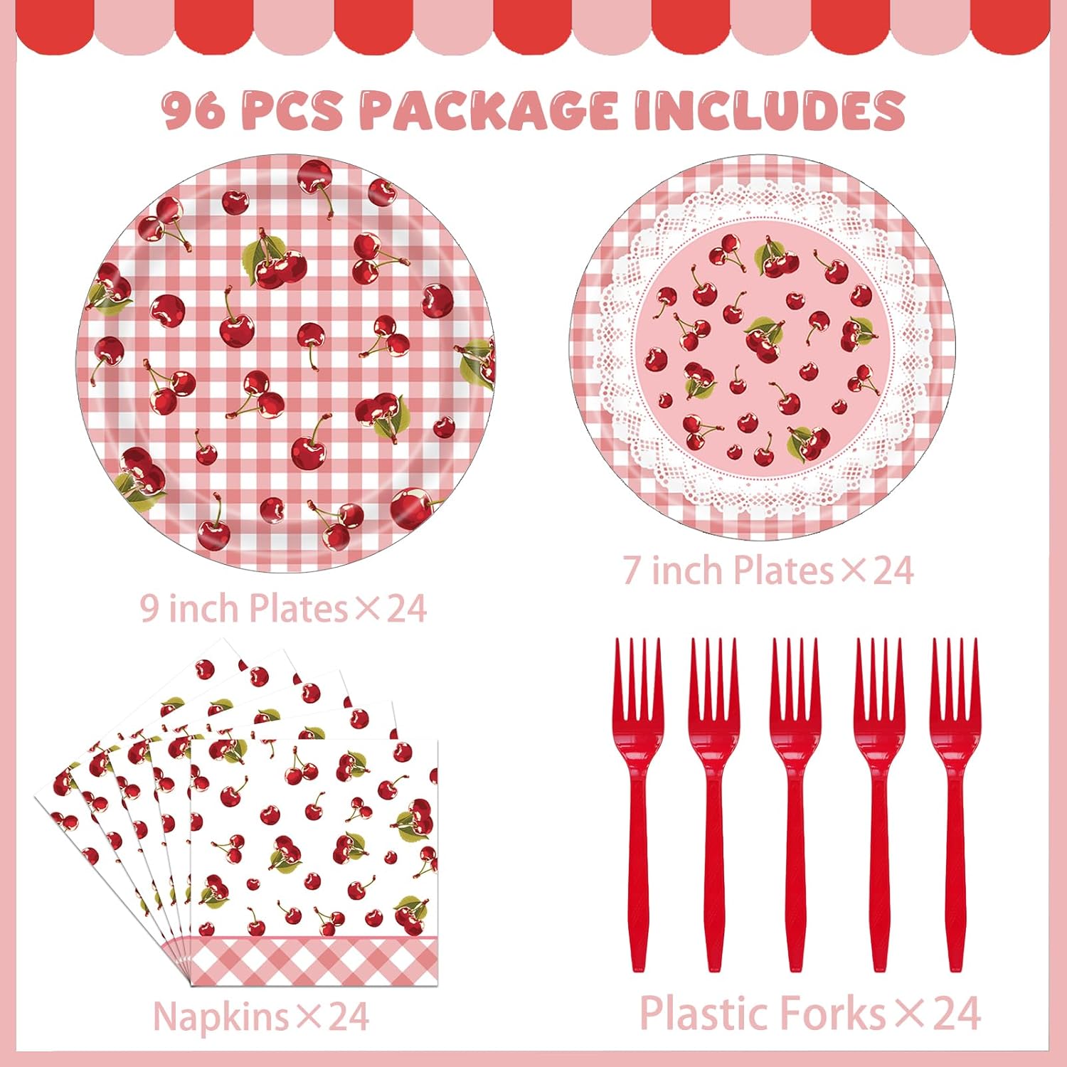 96 Pcs Cherry Party Decorations Tableware Set for Girls Kids Baby Shower Includes Plates Napkins Forks Cartoon Cherry Themed Birthday Theme Party Supplies for 24 Guests - Image 2