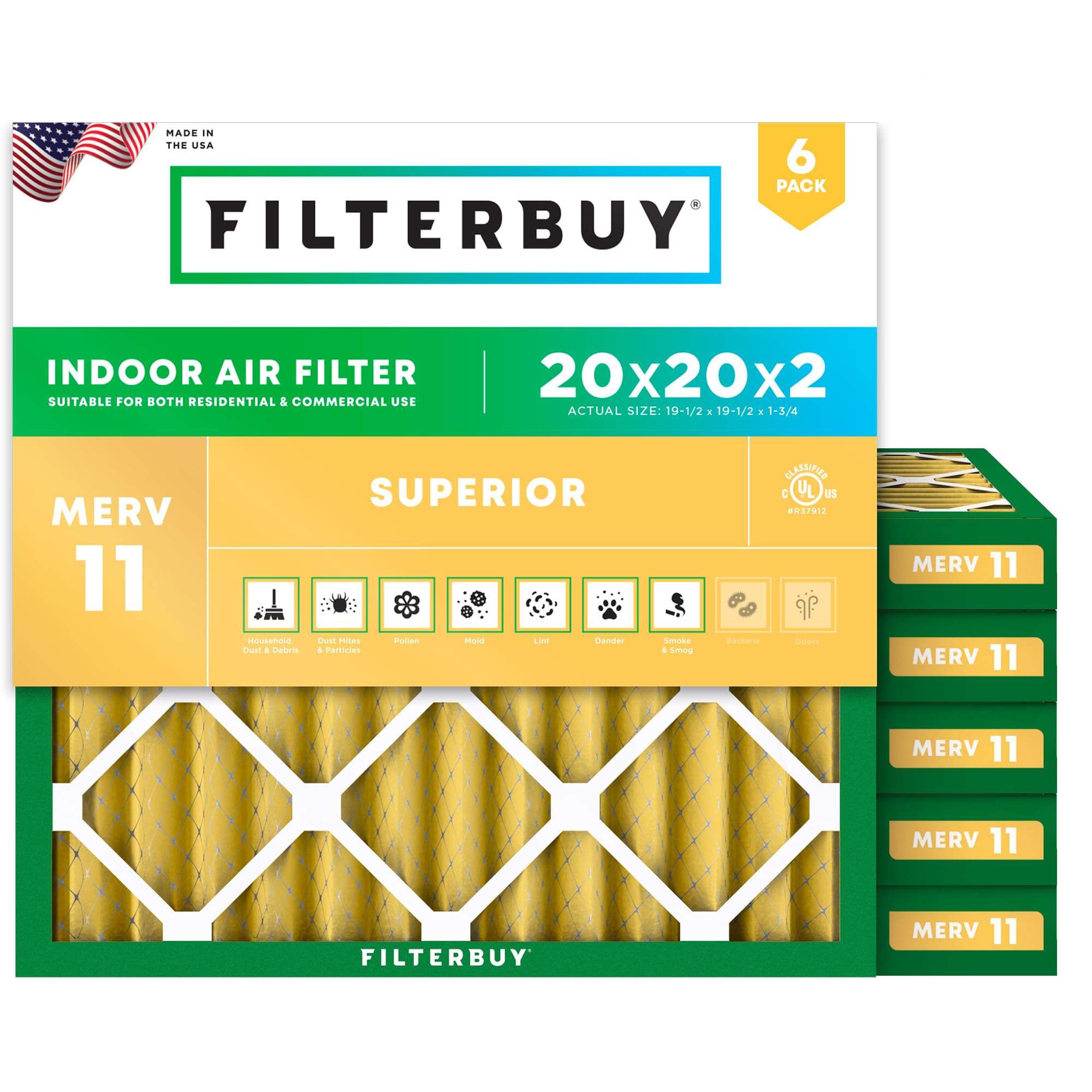 Filterbuy 20x20x2 Air Filter MERV 11 Pet &amp; Allergy Defense (6-Pack)