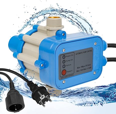Randaco Drukschakelaar met kabel 10 bar, bediening van de huishoudelijke waterpomp, droogloopbeveiliging voor huishoudelijke waterinstallatie, tuinirrigatie, blauw