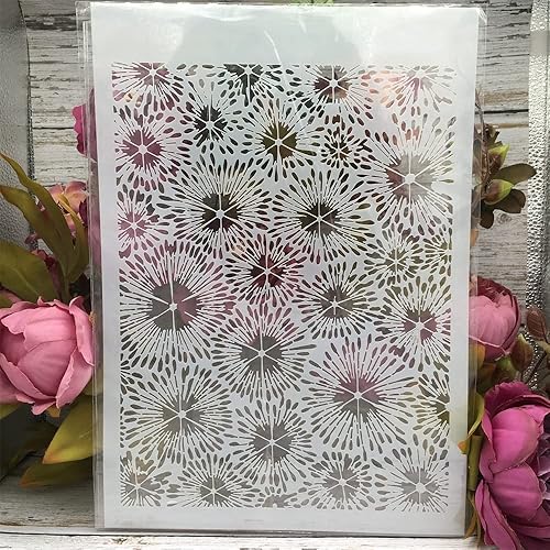 Miniatura 3 de TIAMECH Plantilla de fuegos artificiales reutilizable A4 para pintar, plantilla de capas de flores, arte de pared de bricolaje, muebles de madera,