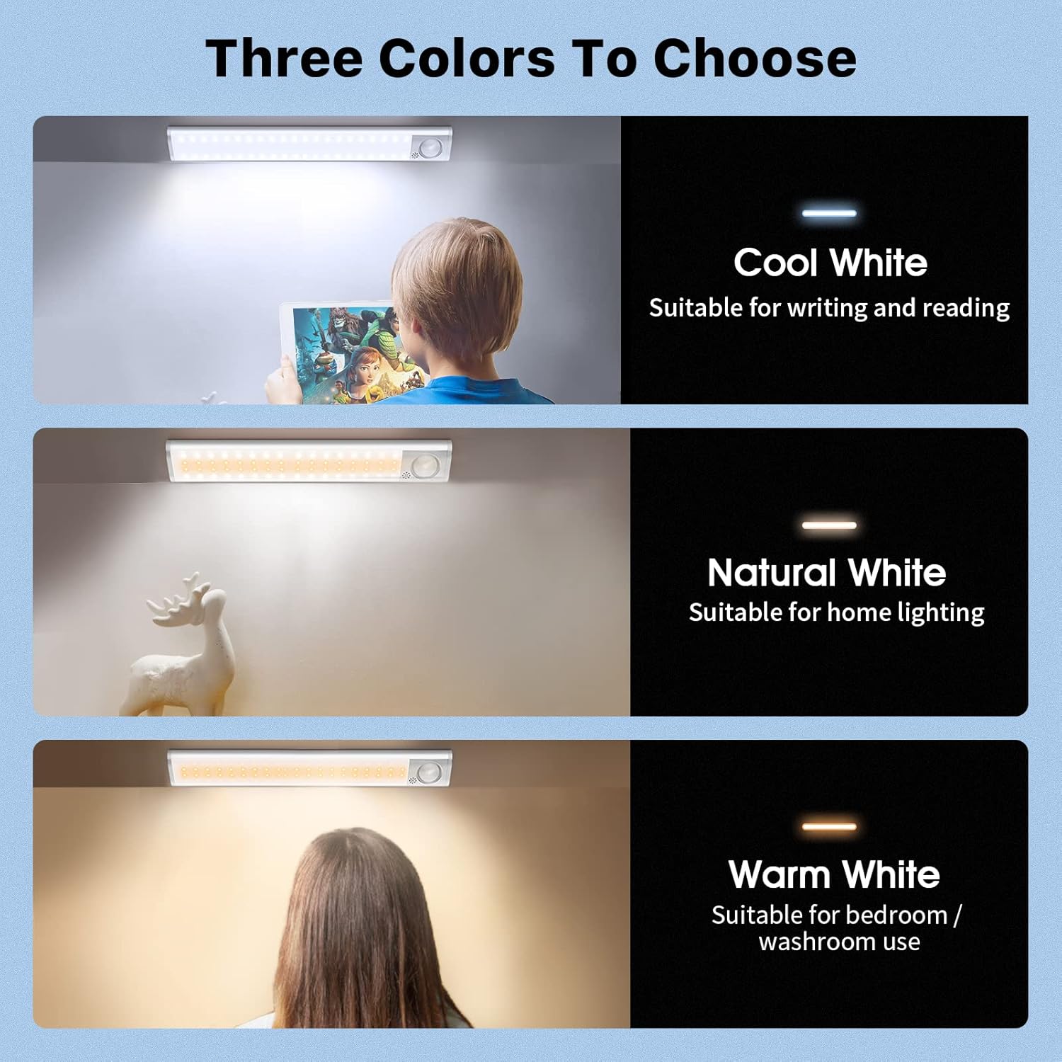 LED Closet Lights, 80-LED Under Cabinet Lighting 22cm Motion Sensor Light Indoor with 3 Colors Stick-On Night Light with Large Battery for Cabinet, Stairs, Kitchen(3 Modes, 1800mAh)