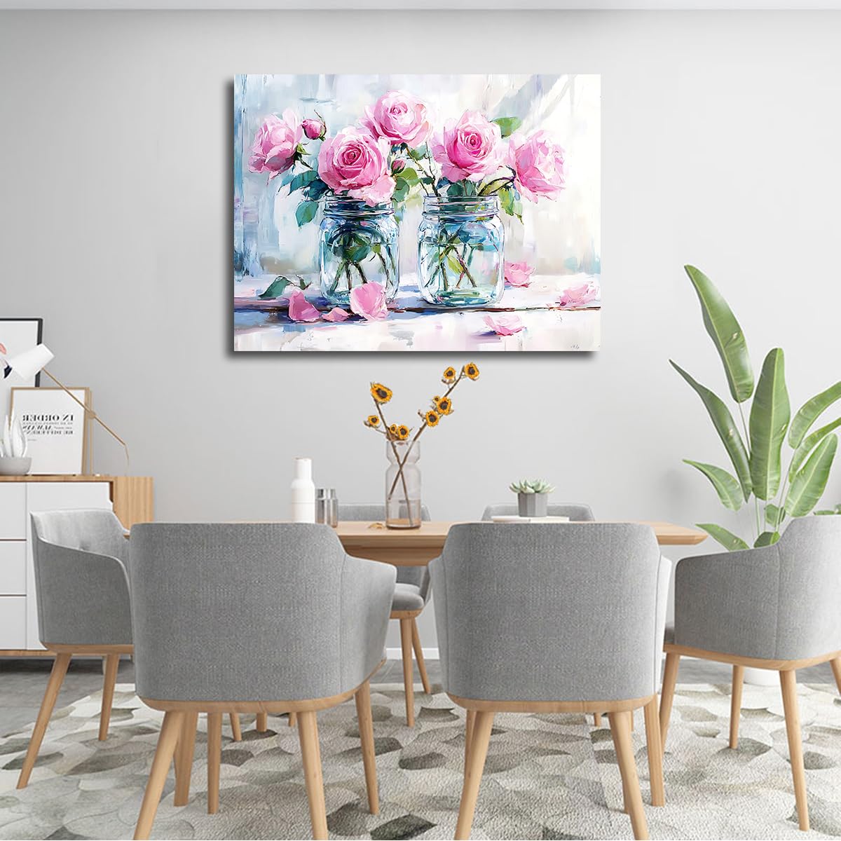 CHERHERART Wandkunst fürs Wohnzimmer Rosa Rosen Einmachgläser Bilder Wanddekoration Moderne Frühlingsblumen-Leinwandmalerei Romantisch-Chic Wohndeko 40x50 cm Innenrahmen