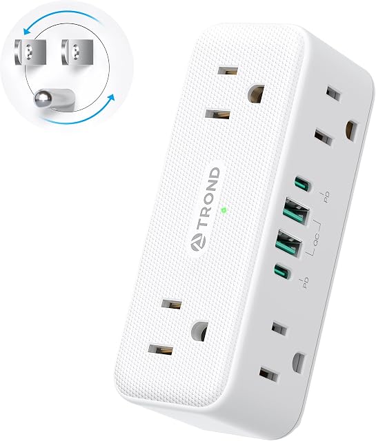 TROND 360° Rotating Plug Surge Protector Outlet Extender, 6 Multi Flat Charging Plug Splitters with 2 PD 20W USB C Ports, 3 Side Electrical Wall Adapter for Home Office Dorm Bathroom Travel Essentials