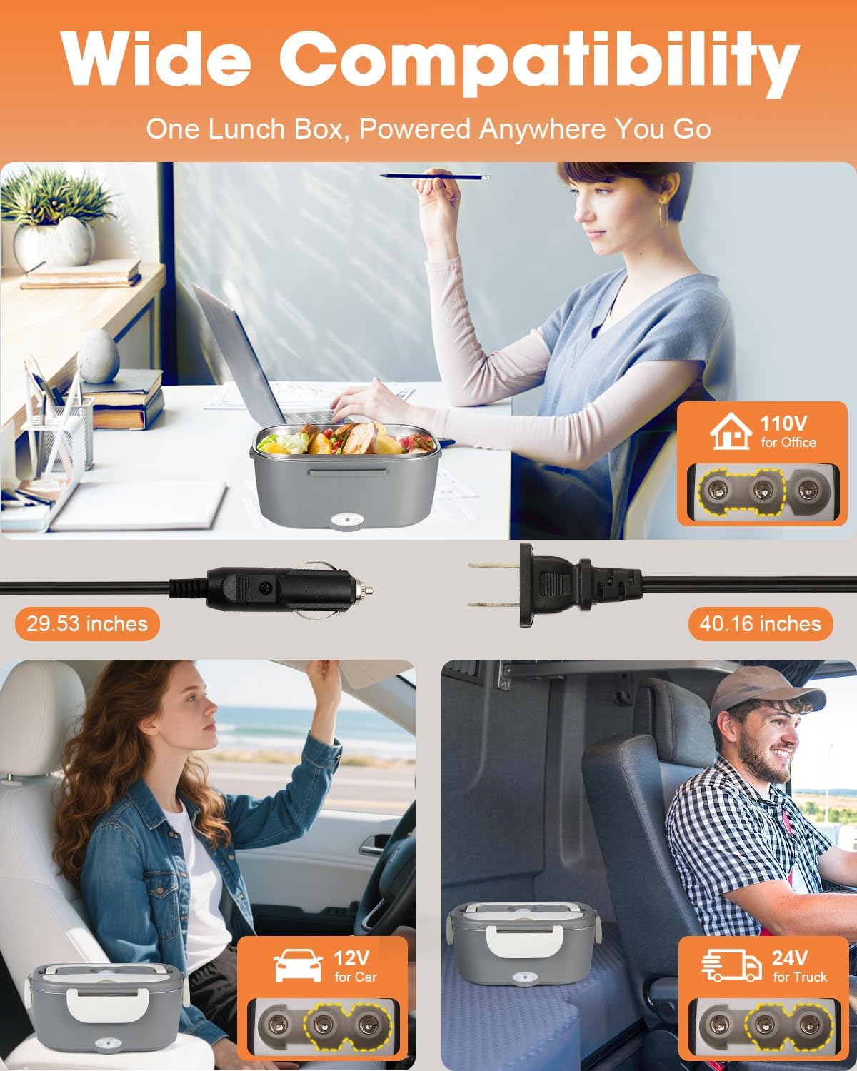 Heated Lunch Box for Men: 80W Electric Lunch Box with Dual Stainless Steel Containers - 12V/24V/110V Food Warmer with Utentils and Insulated Bag for Work, Truck Drivers, Office and Travel
