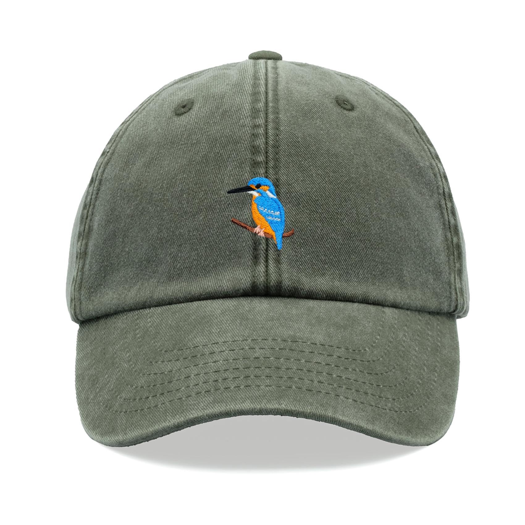 Kingfisher Baseball Cap Vintage Washed Unisex Dad Hat Adjustable Olive