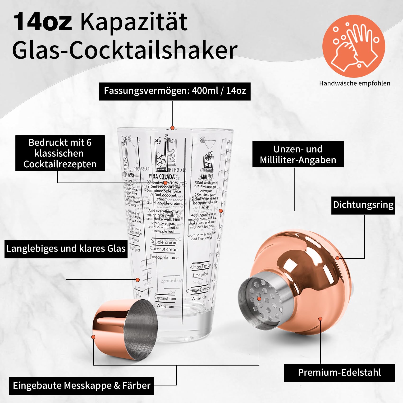 14oz Glas Cocktail Shaker Set, Margarita Mixer Shaker mit eingebautem Sieb und Messbecher & Mischlöffel Set, Professionelles Barwerkzeug-Set für Barkeeper und Anfänger (Rose-Kupfer, 3PCS)
