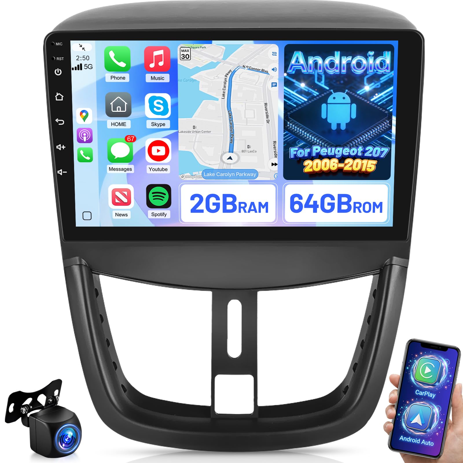 [2+64GB] Android Autoradio pour Peugeot 207 2006-2015, Autoradio 9 Pouces avec Écran Tactile, CarPlay & Android Auto, WiFi, GPS, Radio FM RDS, Caméra de Recul