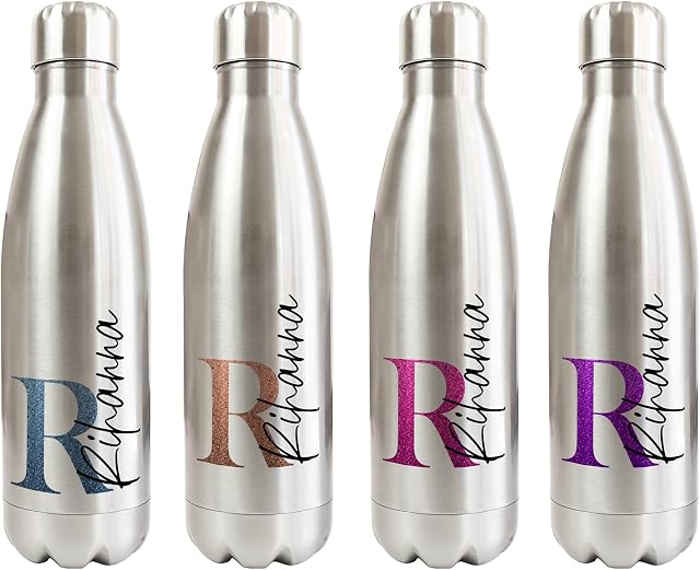 Print Maniacs Personalised Gift Stainless Steel Water Bottle Initial Name Thermos Vacuum Insulated Metal Water Bottle for 12 Hours Hot & 24 Hours Cold Drinks Sports Flask Work Gym 500ml (Silver)
