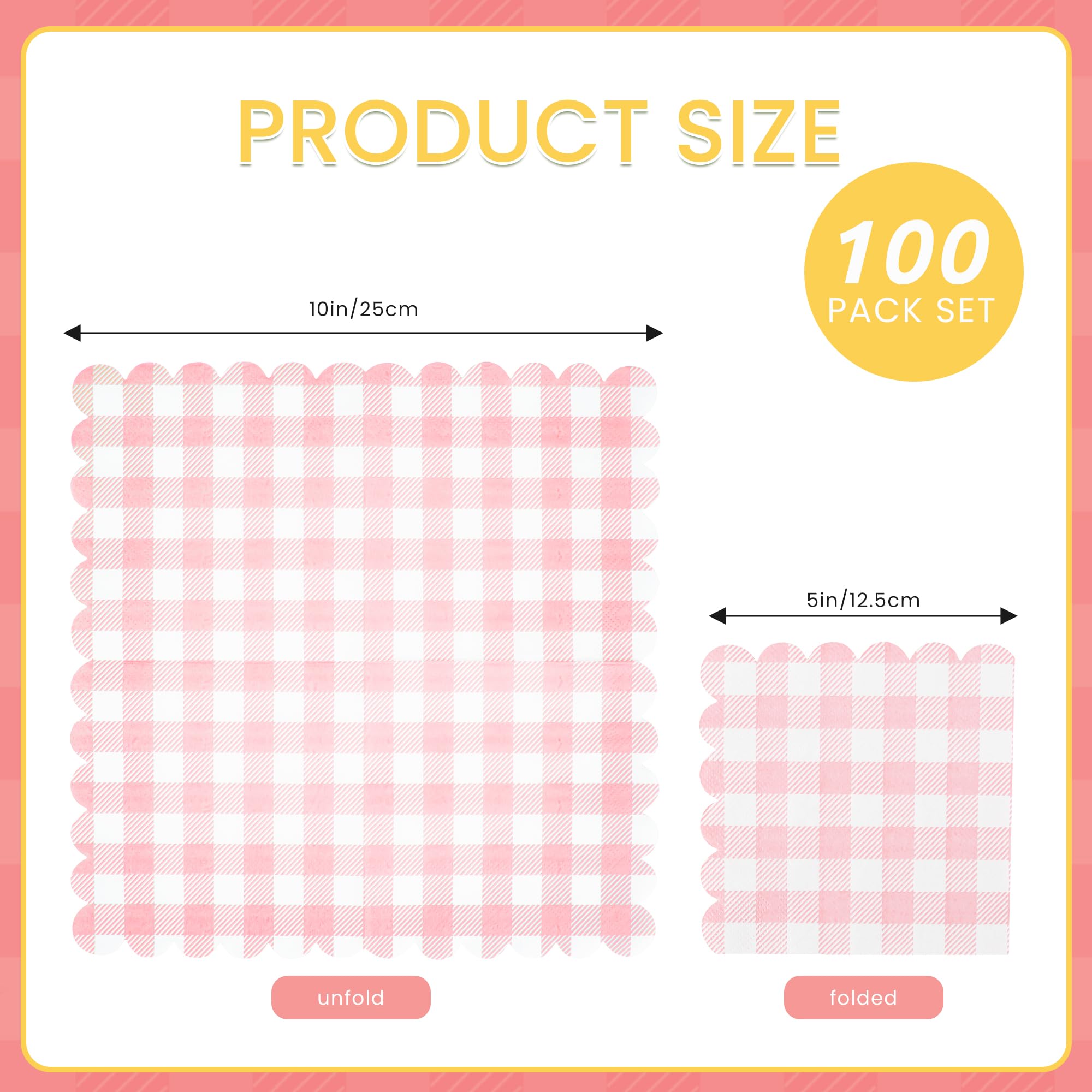 100 Pcs Pink Gingham Napkins, 5 x 5 Inches Scalloped Napkins, Disposable Cocktail Napkins for Wedding Birthday Party Baby Shower Picnic