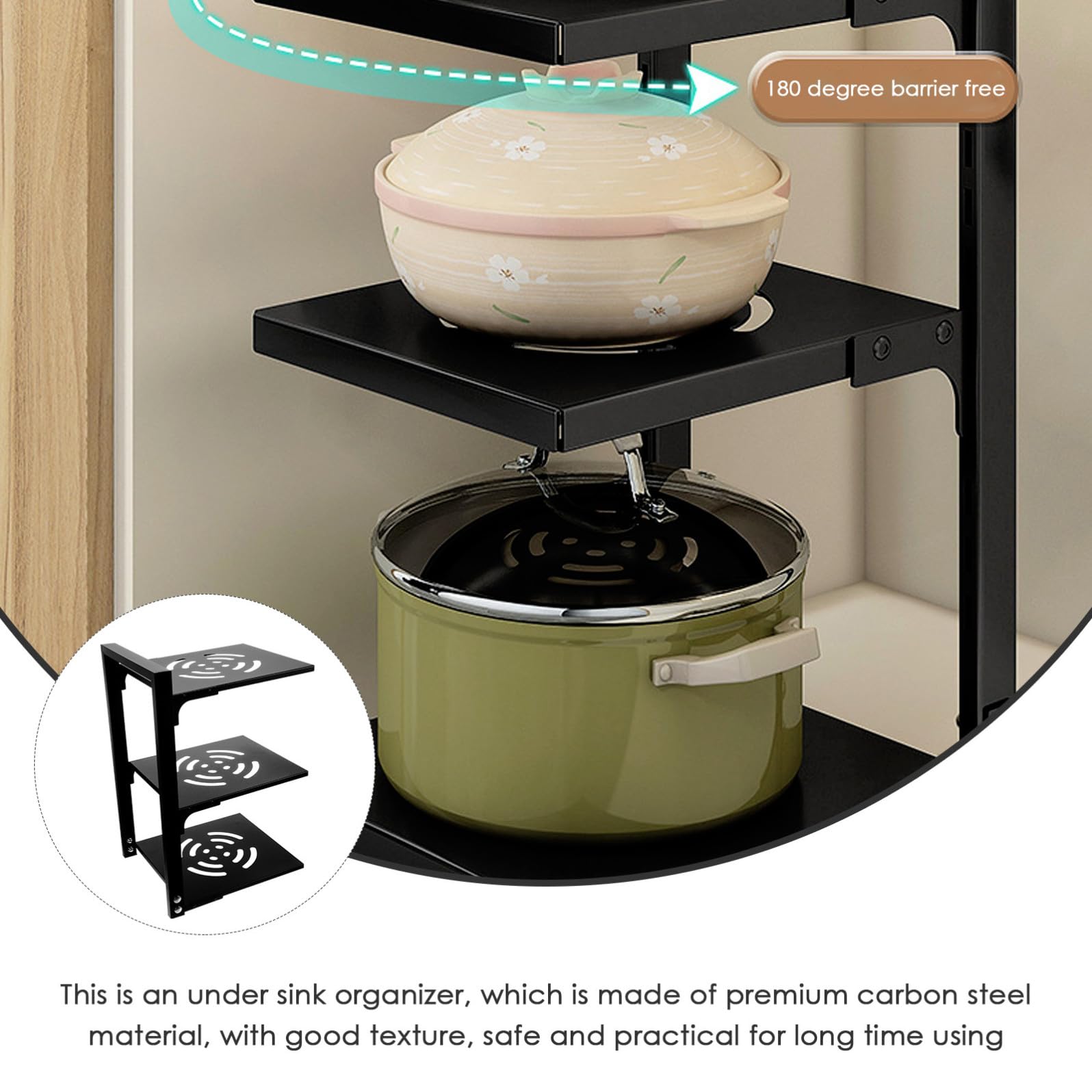 Organizer per Pentole Sotto Lavello Cucina a 3 Livelli in Acciaio al Carbonio Portata Resistente e Spazio Regolabile, per Bagno e Armadio