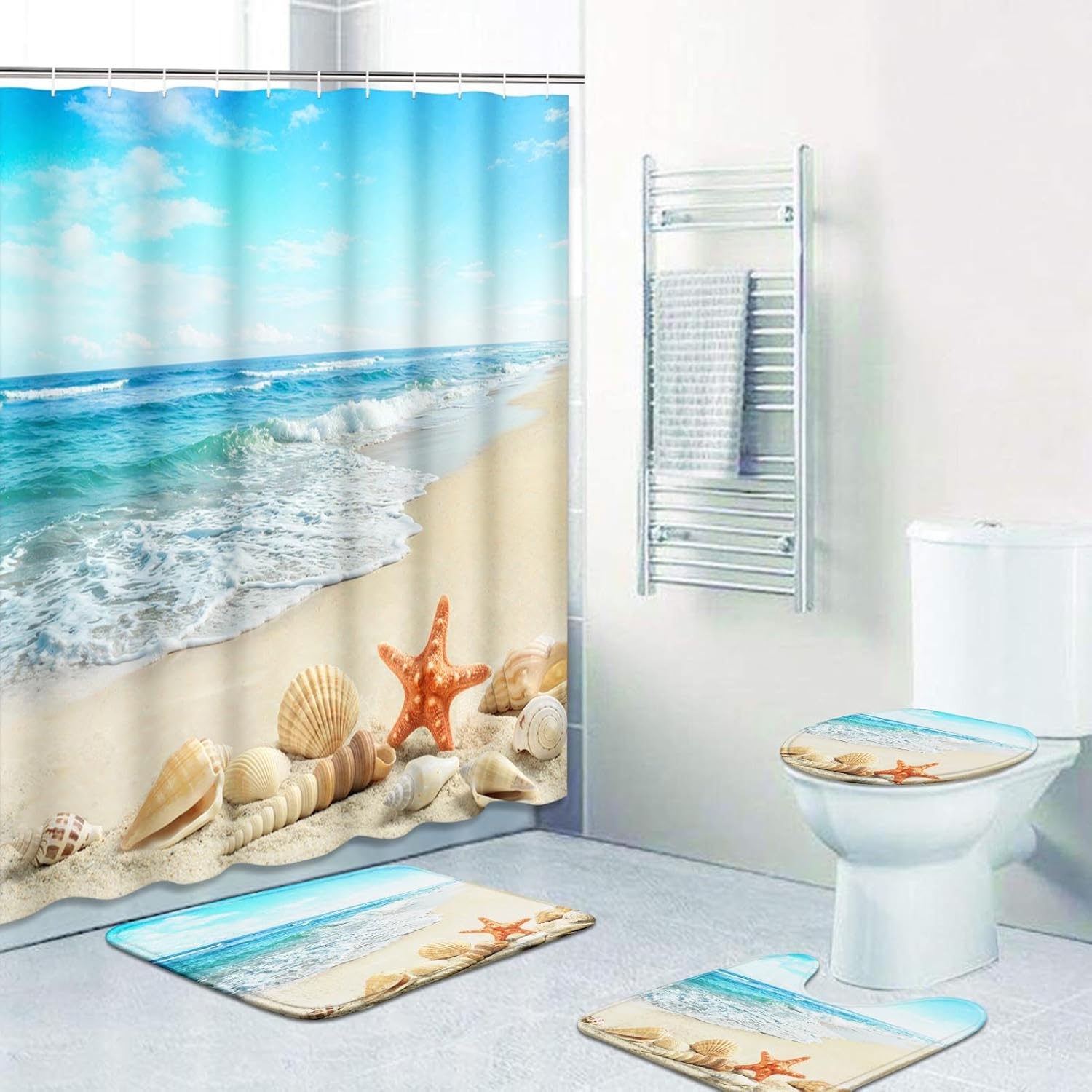 Britimes 4 Piece Shower Curtain Sets, with 12 Hooks, Ocean Summer Sea Starfish Seashell with Non-Slip Rugs, Toilet Lid Cover and Bath Mat for Bathroom Decor Set, 72" x 72"