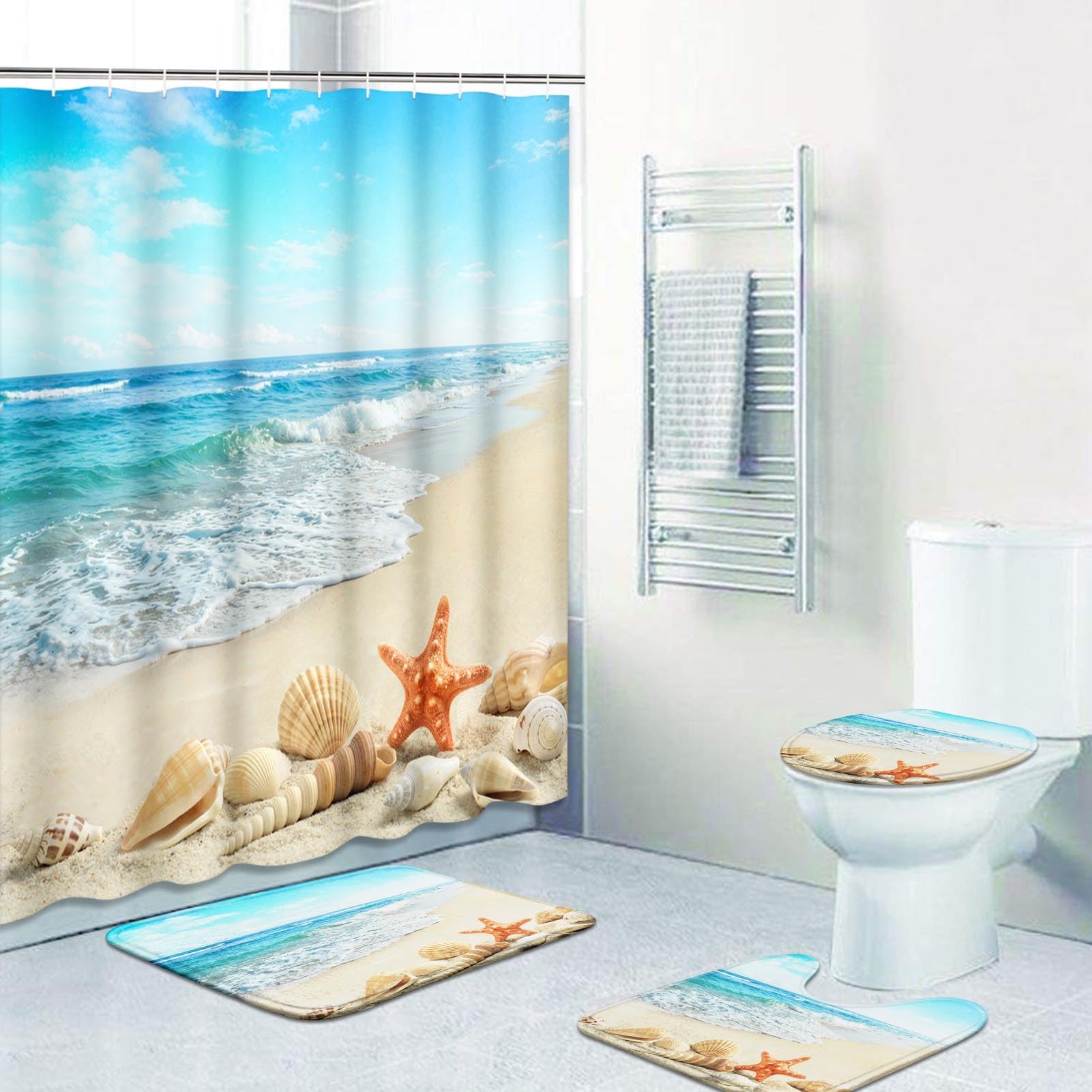 Rideaux de douche étoile de mer et tapis assortis pour une salle de bain esprit bord de mer
