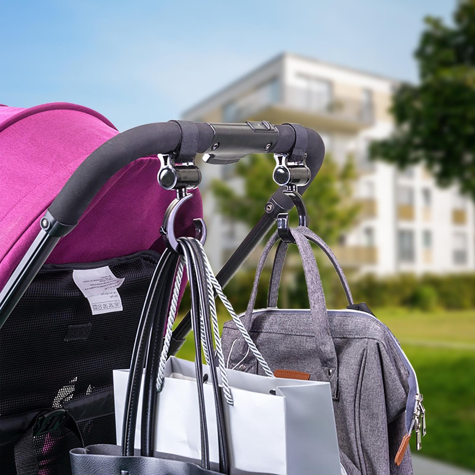 Clips universales para cochecito, ganchos giratorios de 360 grados, paquete de 2 ganchos multiusos para bolsas de pañales, accesorio de compras, organizador de viaje fácil de instalar, ideal para