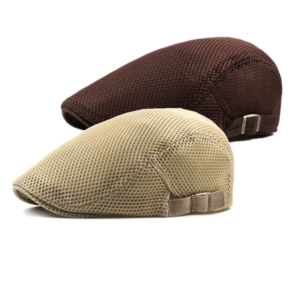 2 Pack Men's Flat Cap Mesh Beret Cabbie Hunting Hat Summer Newsboy Ivy Cap