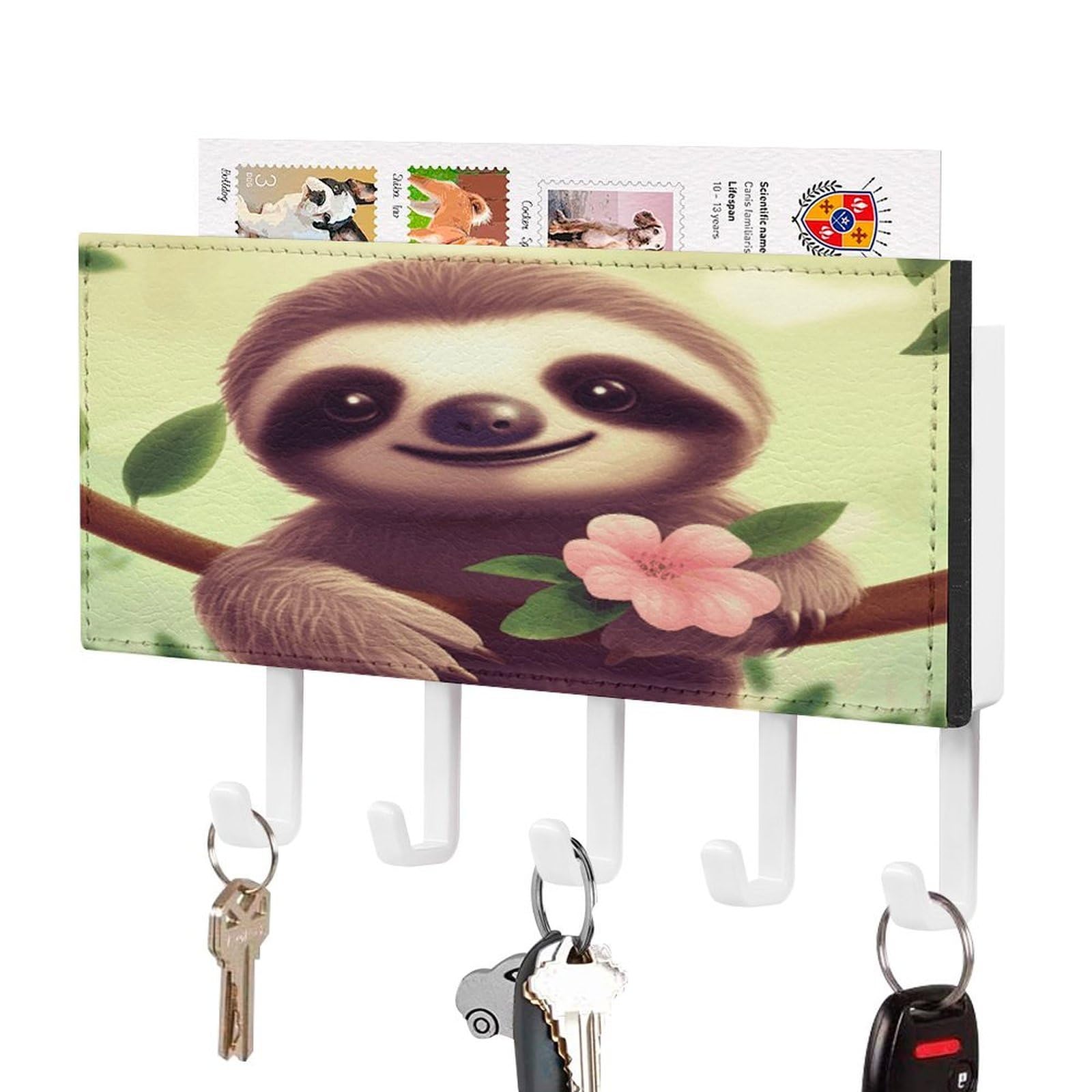 FekiLoot Cute Sloth Key Holder for Wall Decorative Mail Organizer with 5 Key Hook Self Adhesive Key Rack with Tray Coat Rack Wall Mount Key Hanger Decor for Entryway Door