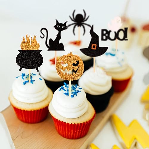 Miniatura 4 de Ercadio Paquete de 24 adornos para cupcakes de Halloween con purpurina negra, murciélago, fantasma, calabaza, sombrero de Halloween para cupcakes,