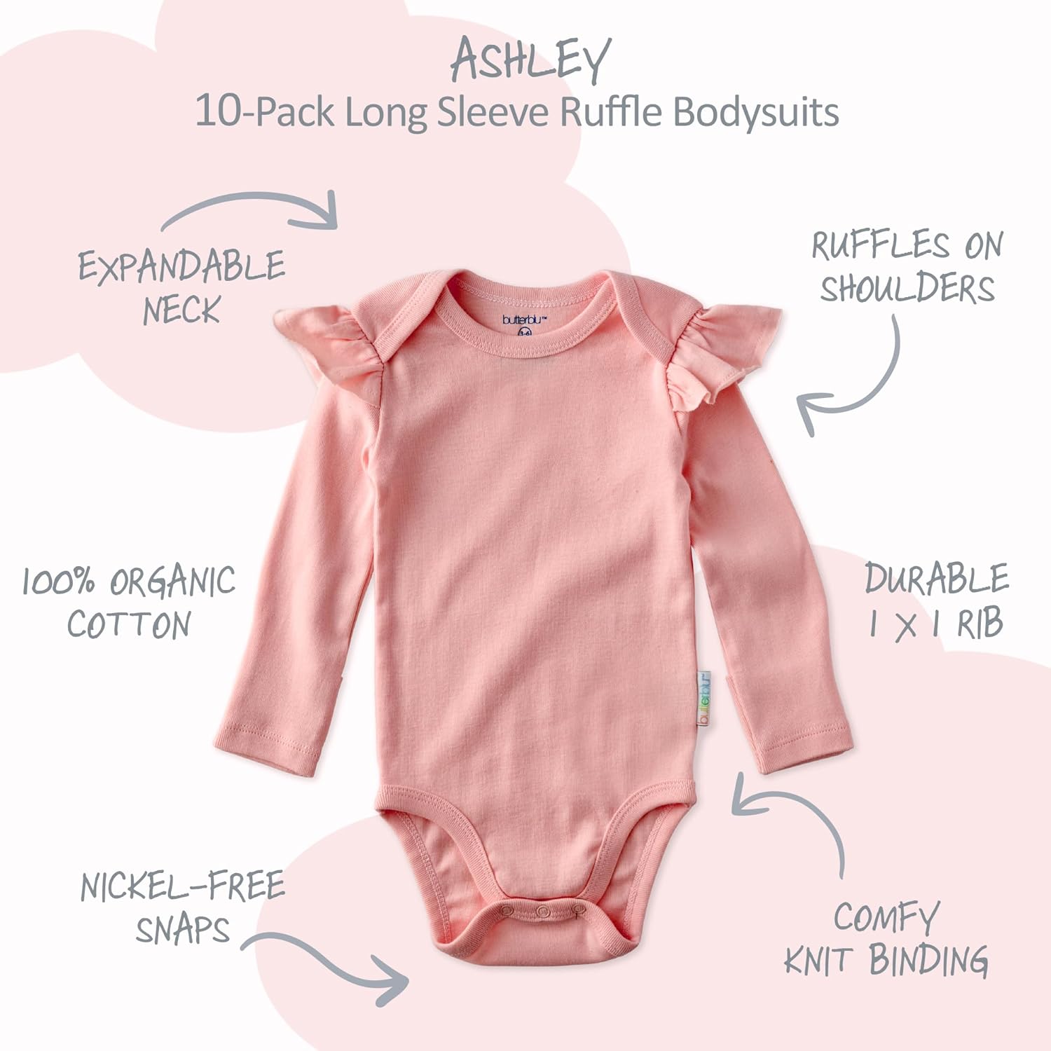 Ashley 10-Pack Long Sleeve Ruffle Shoulder Bodysuits 100% Organic for Baby Girls - Image 2