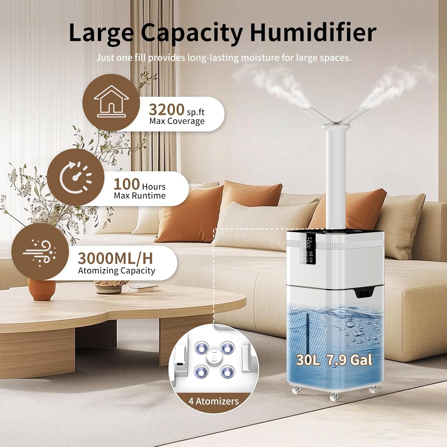 30L Commercial Humidifier for Large Room up to 3000 sq ft, Smart Cool Mist Humidifier with Precision Sensor, Top Fill, 360° Nozzle for Home, Office, Plants